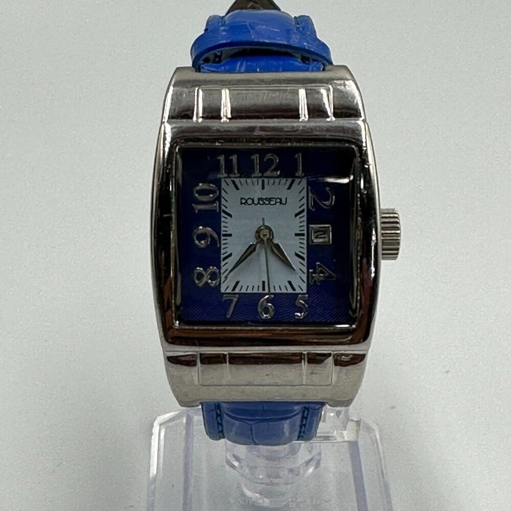 Rousseau Watch Women Silver Tone Square Dial Blue Leather Band New Battery 9"